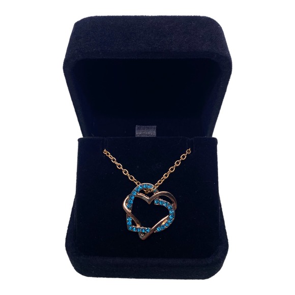 Imitation Yellow Gold BLUE TOPAZ Rhinestone Double Heart Pendant Necklace - Picture 2 of 6